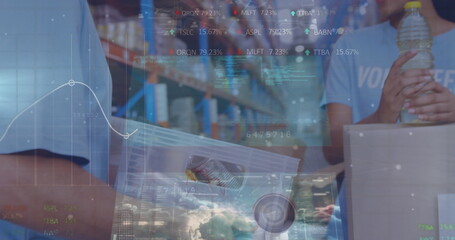 Image of financial data processing over globe and stock market