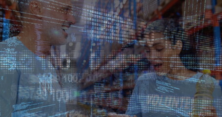 Image of data processing over diverse male and female volunteers carrying donation box