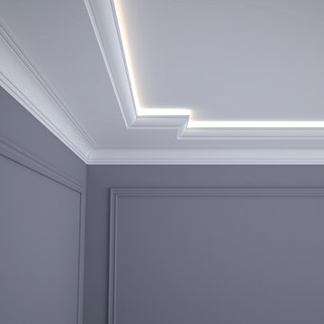 Part of the interior with cornices on the ceiling and walls. 3D render.