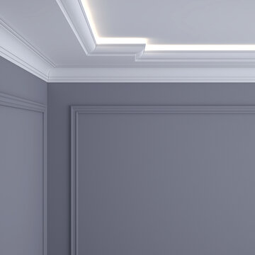 Part of the interior with cornices on the ceiling and walls. 3D render.