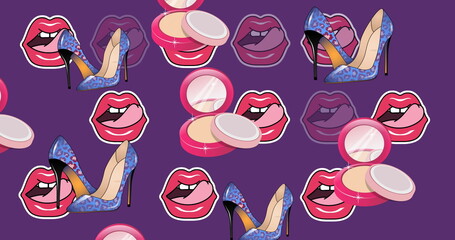 Image of shoes and lips icons over purple background
