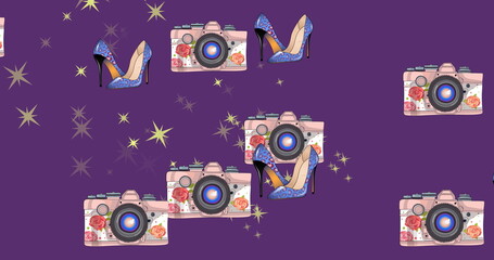 Image of heels, cameras and stars over purple background