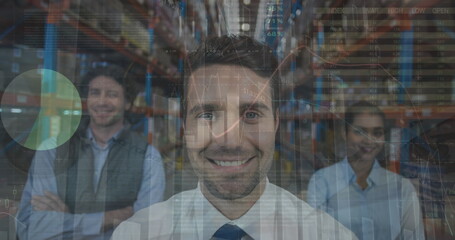 Image of statistics and financial data processing over man working in warehouse