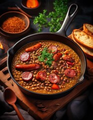 Linseneintopf mit Speck und Würstchen