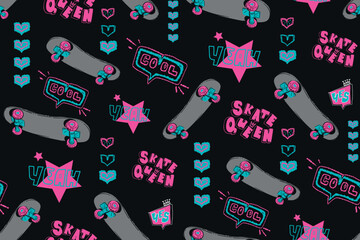 Abstract seamless girlish pattern with skateboards, stars, motivation phrases, hearts. Repeat print for girl, fashion textile, sport clothes. Skateboarding print
