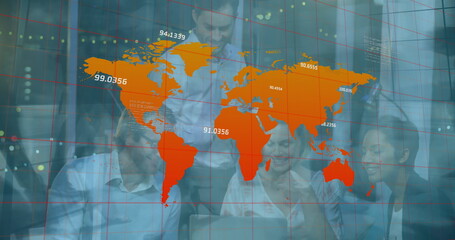 Image of world map and coordinates over people in office and timelapse with walking people