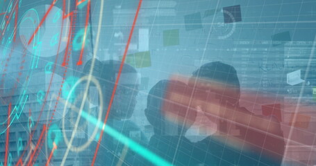 Image of financial data processing over caucasian man stacking tablet