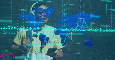 Image of data processing over man using smartphone