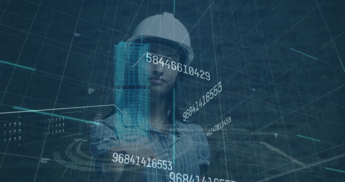Image of data processing over caucasian female worker with tablet