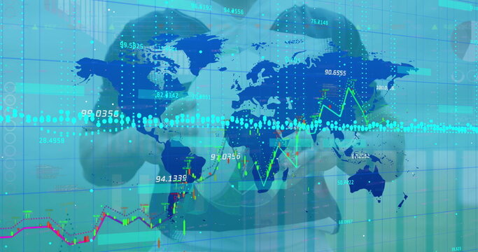 Image of data processing over caucasian male rugby player with ball