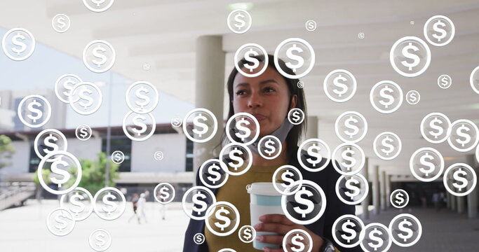 Image of dollar symbols over woman drinking takeaway coffee