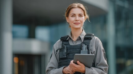 A confident female security officer in a tactical uniform holds a tablet outside a sleek modern building. She appears attentive and ready to address any security concerns while on duty