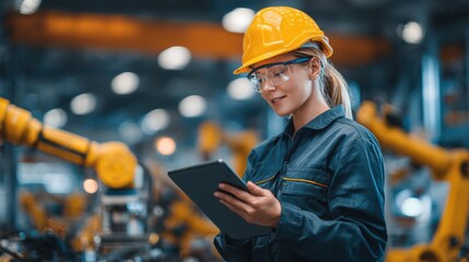 A skilled worker in a hard hat and protective glasses uses a tablet to oversee automated machinery within a busy factory, showcasing advanced technology in action