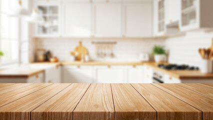 Empty wooden table placed in front of a kitchen with blurred light and modern wooden counter background. Minimal decoration, suitable for displaying food or decorating the house.