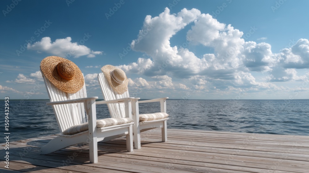 Aufkleber two white lounge chairs sit on a wooden deck, facing the open ocean. each chair is adorned with a st