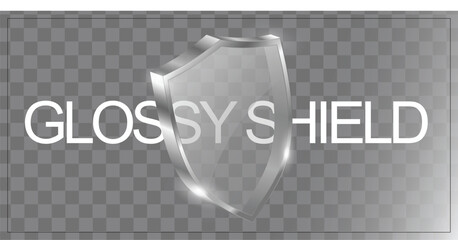 3D transparent glass shield icon with smooth reflective surfaces on checkered background, ideal for security, protection, branding, UI elements, digital icons, and modern design projects.

