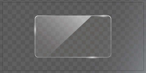 Transparent glossy glass panel with subtle reflections and highlights on checkered background, perfect for UI design, product display, web overlays, and modern digital presentations.


