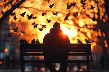 Man sitting on a park bench feeding birds silhouette