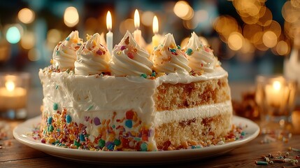 Festive birthday cake with smooth white frosting and rainbow sprinkles, perfect for celebration baking content and joyful party dessert displays