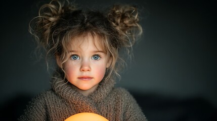 Sweet little girl holding a warm glowing night light in her hands, creating cozy childhood magic perfect for parenting blogs and nursery decor