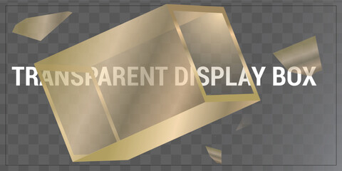Transparent Glossy Polygonal Glass Shield with Reflective Surfaces and Highlighted Edges on Checkerboard Background