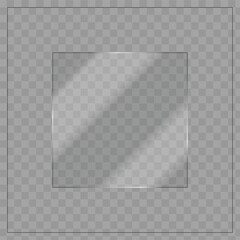Glossy Transparent Square Glass Panel with Subtle Diagonal Reflections on Checkerboard Background for UI and Design