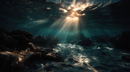 Naklejka na ściany i meble Underwater top-lit view showing light rays and surface shimmer