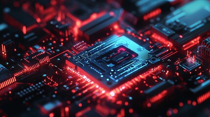 Fototapeta premium Abstract Red Blue Circuit Board Technology Digital Art High Tech Futuristic Background Modern Electronic Design Innovation Powerful Computer Microchip Processor Network Graphic 