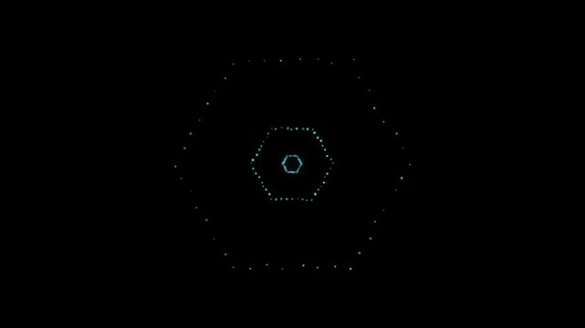 Expanding concentric hex rings made of glowing dots, flickering at peak radius before dissolving, simulating cymatic resonance patterns flowing outward
