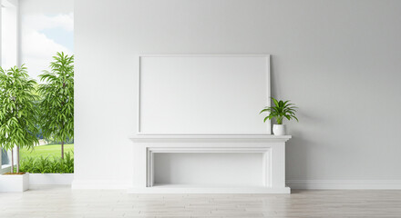 White home interior with fireplace frame plant and window with garden view Home decor and style