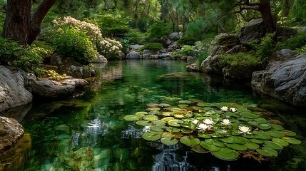 Tranquil Japanese garden pond with vibrant green water lily pads floating on still water, embodying zen harmony for meditation spaces and nature wall art