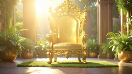 Ornate gilded throne surrounded by lush greenery and potted plants in a sunlit outdoor covered garden location. - Powered by Adobe