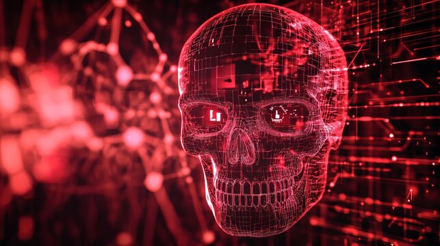 Digital Skull Cyber Security Network Red Abstract Technology Background Graphic Design Illustration Futuristic Artificial Intelligence Concept Wireframe web data dark risk grid    