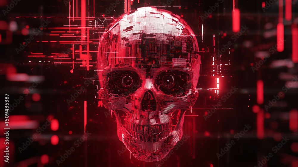 Poster cyberpunk style digital skull red glowing circuitry futuristic technology artificial intelligence ab