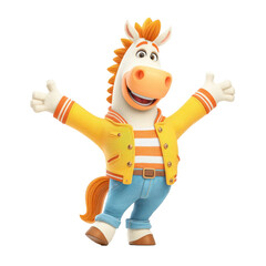 Naklejka premium Cute 3d friendly toy horse dressed in a bright yellow jacket, radiating joy and whimsy in a playful environment
