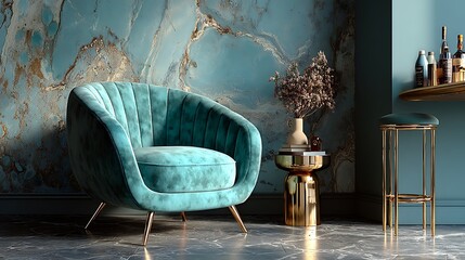 Luxury teal velvet chair paired with gold bar stool in moody modern lounge, perfect for interior design blogs and upscale hospitality projects