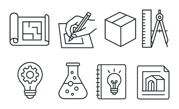 Inventor's toolset line icons set – engineering, design, drafting essentials