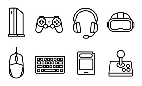 Gaming devices outline icons set – silhouette, gadgets and tech symbols for design