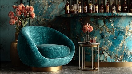 Luxury teal velvet chair paired with gold bar stool in moody modern lounge, perfect for interior design blogs and upscale hospitality projects