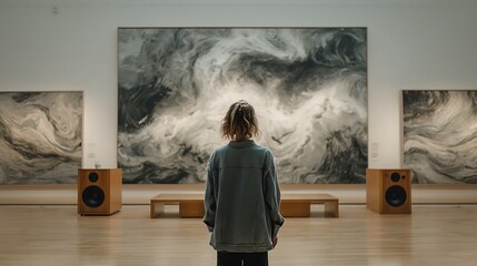 A confident young woman stands before a vibrant modern artwork, passionately speaking, ideal for creativity, art galleries, and educational presentations