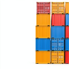 Fototapeta premium Colorful shipping containers stacked together in a vibrant pattern against a white background