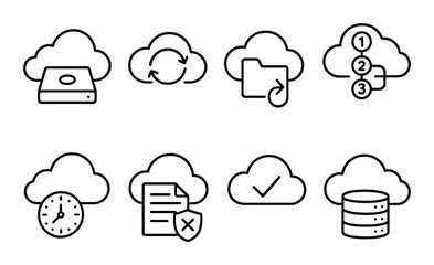 Cloud backup outline icons set – data security, storage, and digital protection symbols