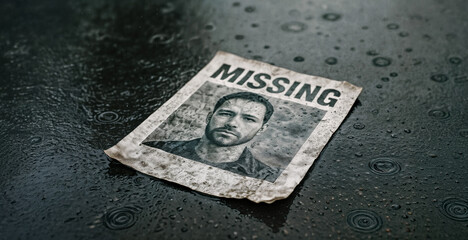 Soaked by Rain Water Missing Person Poster with Lost Man Photo Lying on Wet Asphalt Ground with Raindrops