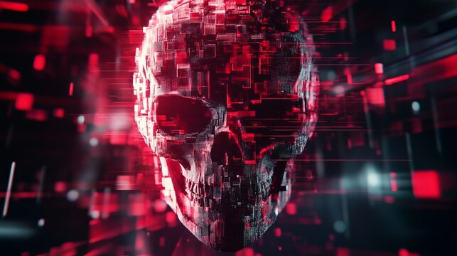 Digital Skull Glitch Art Red Abstract Technology Background Cyber Security Dark Pixelated Code Hacker Danger Warning Futuristic Illustration Graphic Design Element 3d data style    - Powered by Adobe