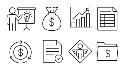 Startup funding icons set &ndash; outline, simple and business finance symbols