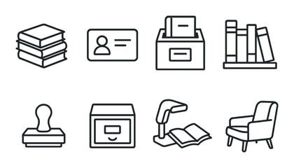 Library essentials outline icons set – books, reading and documentation symbols