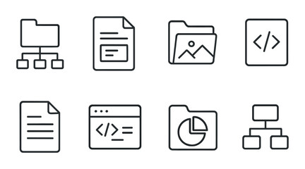Code structure outline icons set – line, programming and development symbols