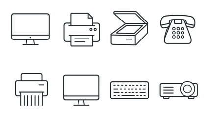 Office devices outline icons set &ndash; silhouette, equipment and technology symbols