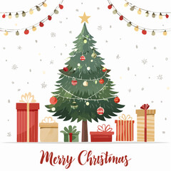 A festive and cozy Christmas scene with lights, gifts, and a warm "Merry Christmas" message in classic red script.