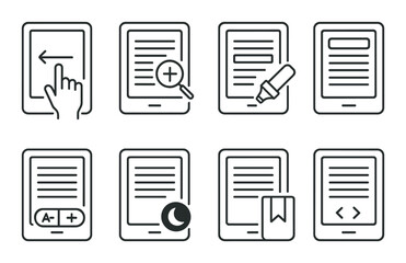 Ebook feature outline icons set – simple, digital reading and tablet symbols